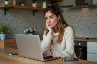 Femme assise à la cuisine avec ordinateur et smartphone