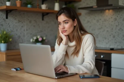 Femme assise à la cuisine avec ordinateur et smartphone