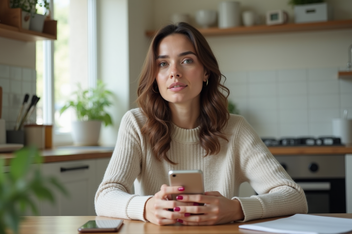 Jeune femme dans sa cuisine utilisant son smartphone
