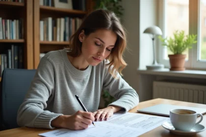 Femme remplissant le formulaire de déclaration des impôts 2042 à son bureau à domicile