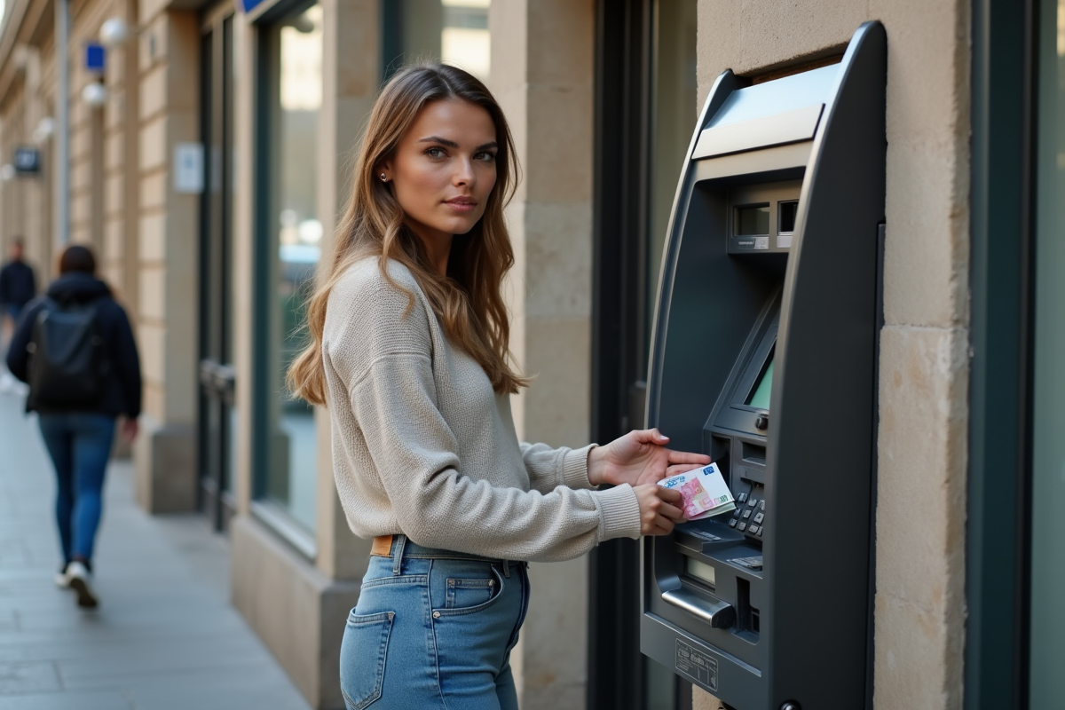 Jeune femme déposant des billets à un distributeur automatique