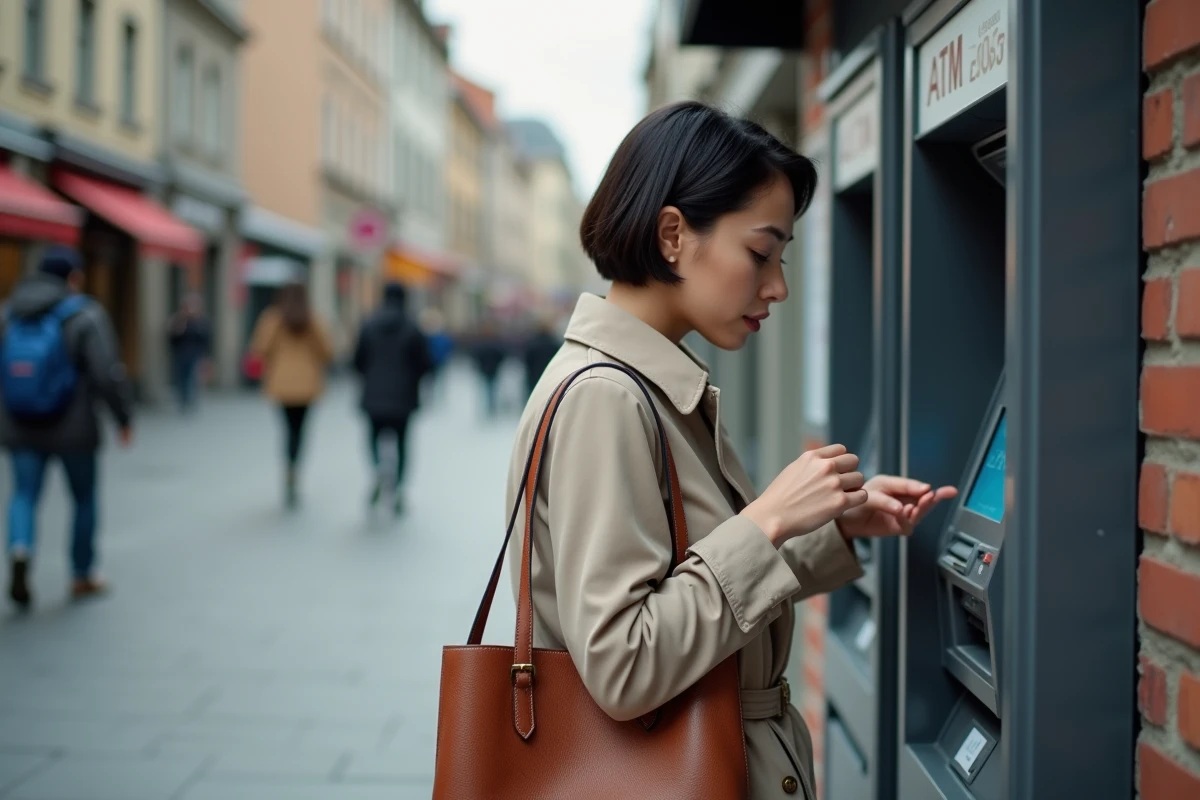 Femme utilisant un distributeur automatique pour gérer ses plafonds de carte CMB Virtualis en ville