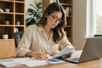Femme consultant des documents d'assurance voyage Chapka à son bureau à domicile