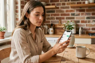 Jeune femme utilisant l'application Espace Nickel sur son smartphone pour gérer ses paiements depuis chez elle