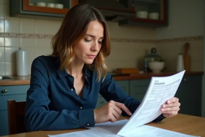 Femme consultant ses fiches de paie à la maison pour vérifier son éligibilité à la prime d'activité