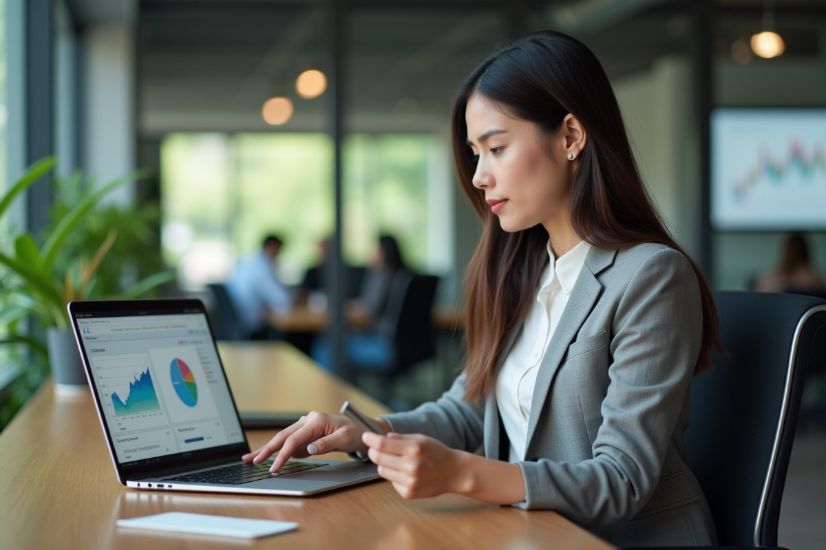 Jeune femme d'affaires regardant un tableau financier sur son ordinateur