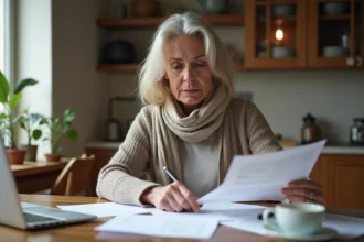 Femme française assise à une table de cuisine en train de revoir des documents