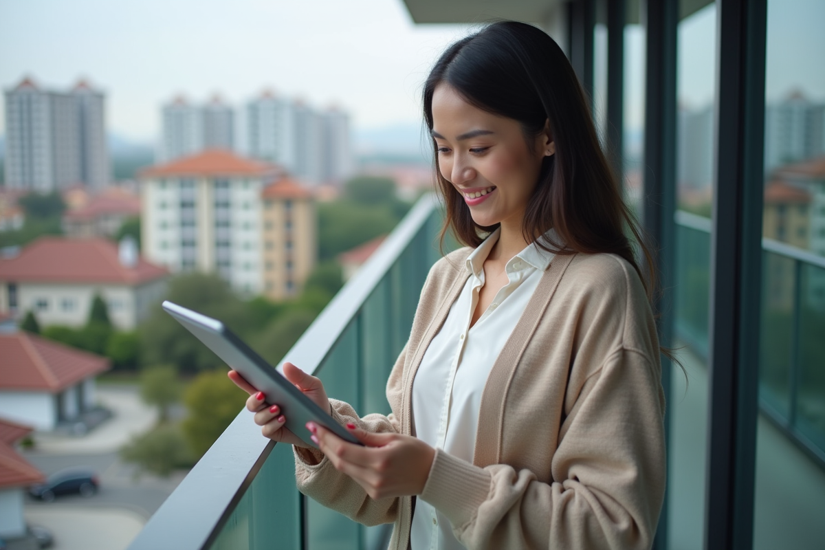 Jeune femme analysant des graphiques immobiliers en extérieur