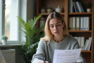 Femme lisant attentivement un contrat d'assurance Chubb à son bureau à domicile avant de résilier