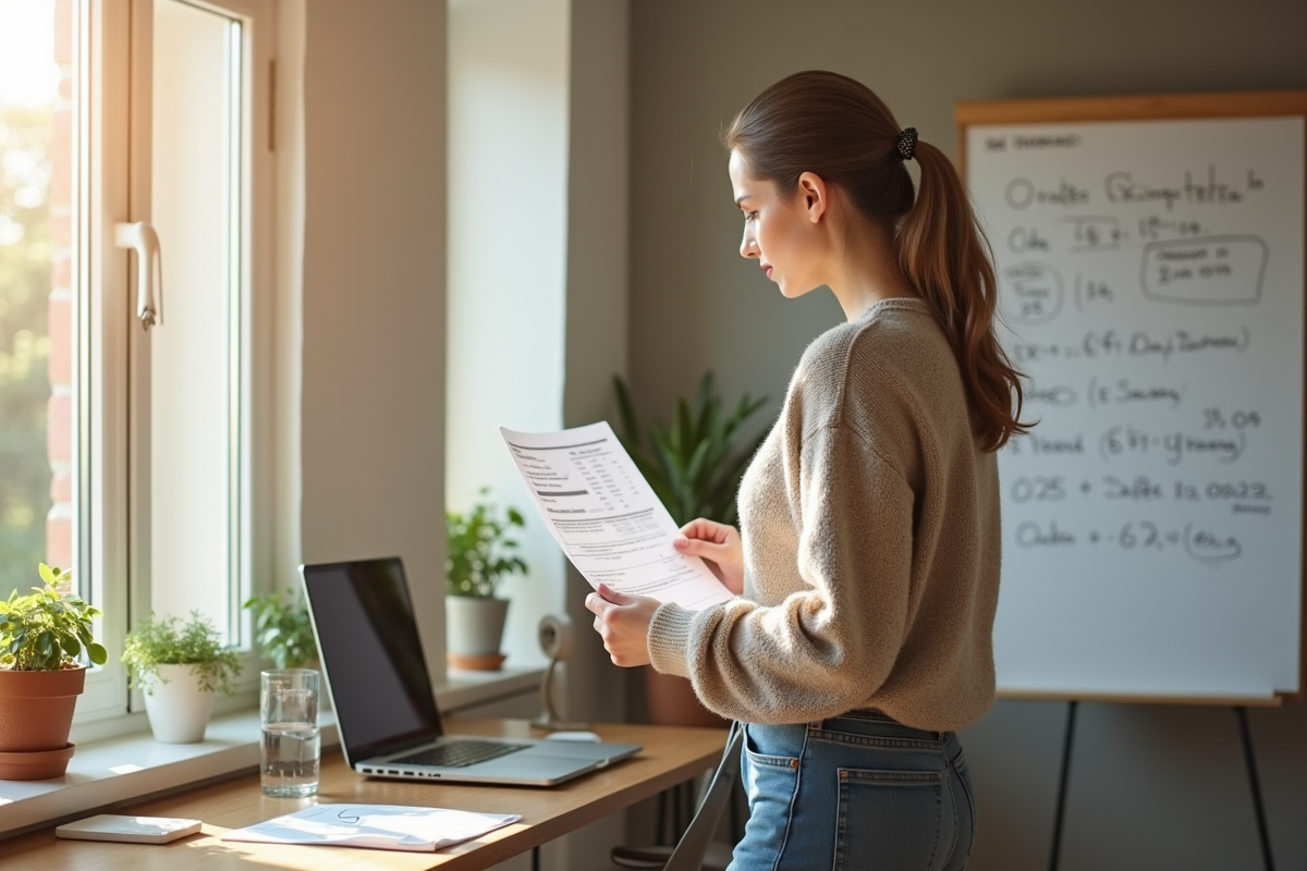 Jeune femme lisant un rapport financier dans un bureau lumineux