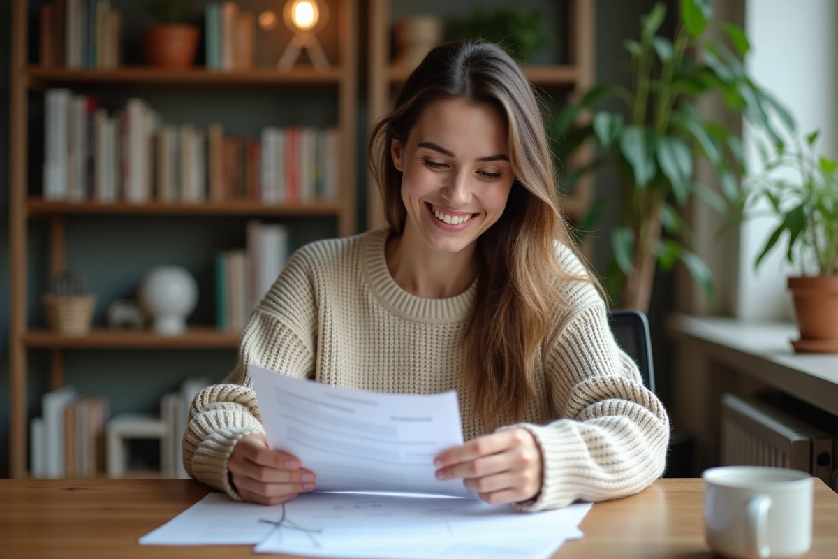 Femme lisant des papiers de prêt dans un appartement cosy