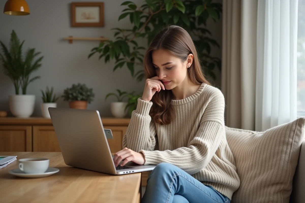Femme assise à une table avec ordinateur et carte bancaire