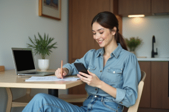 Jeune femme souriante lisant messages sur smartphone dans cuisine