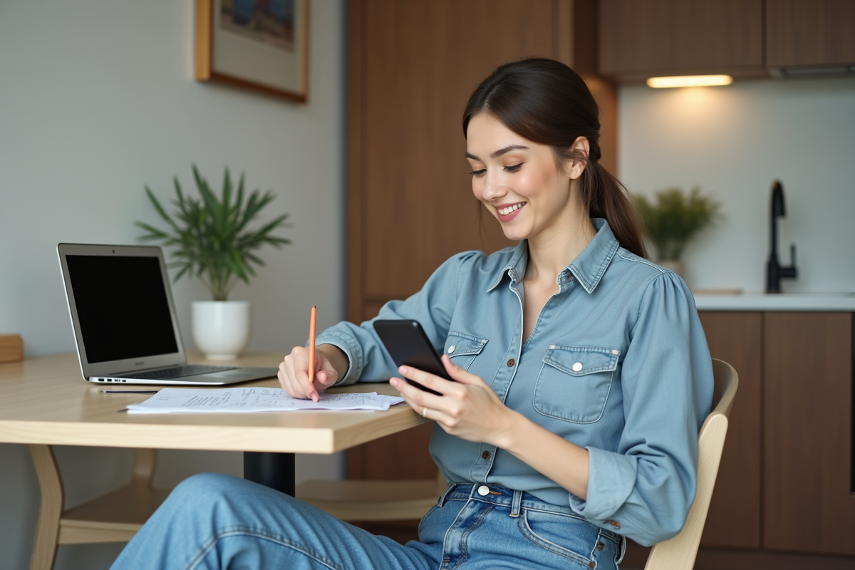 Jeune femme souriante lisant messages sur smartphone dans cuisine