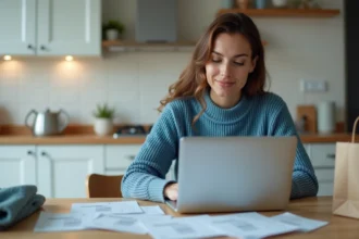 Femme vérifiant ses reçus en ligne à la maison