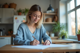 Femme assise à la cuisine en train de remplir des papiers