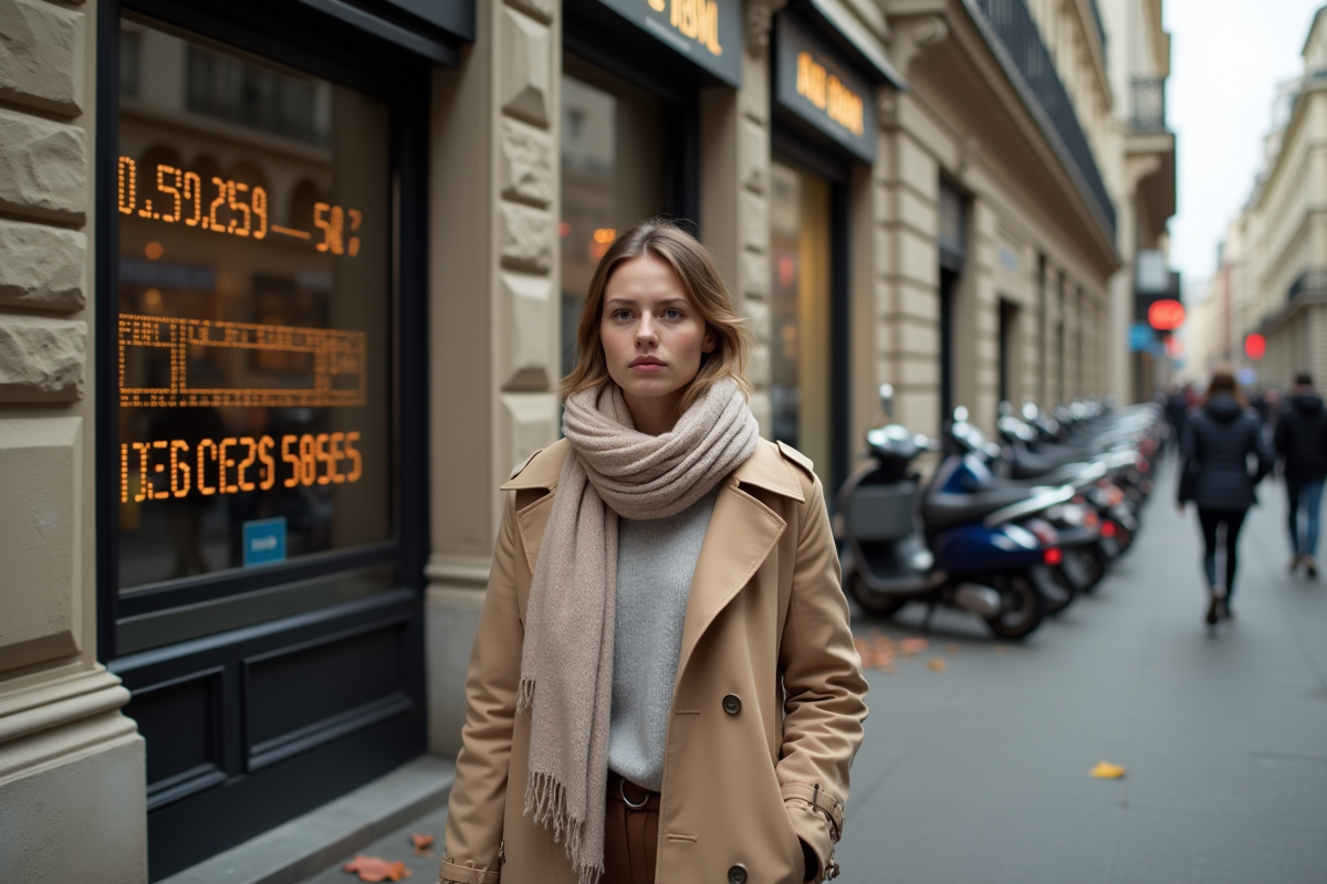 Jeune femme parisienne passant devant un tableau de change