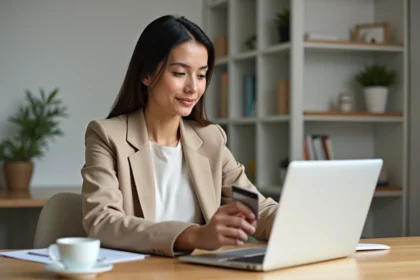 Femme consultant ses plafonds bancaires sur un ordinateur portable dans un bureau à domicile