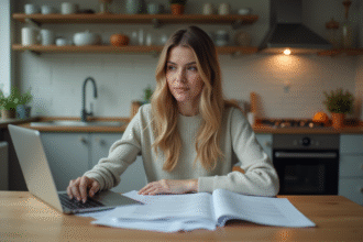 Femme assise à la table avec documents de prêt