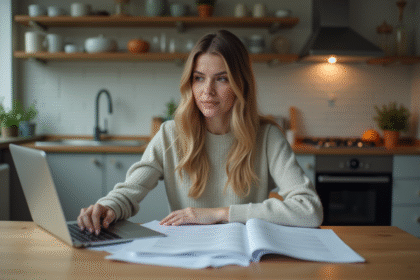 Femme assise à la table avec documents de prêt