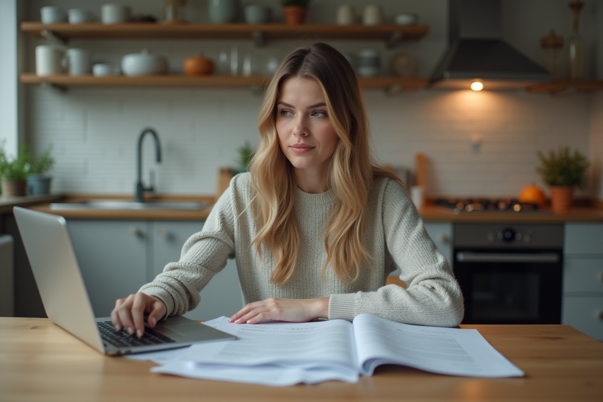 Femme assise à la table avec documents de prêt