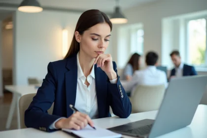 Femme professionnelle consultant ses plafonds de paiement CMB Virtualis sur un ordinateur portable au bureau