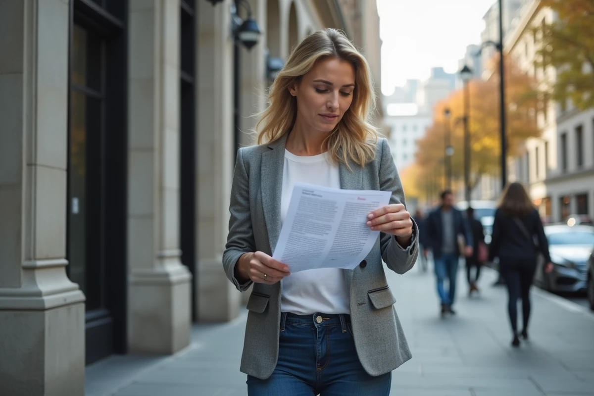 Femme regardant un rapport salarial dans une rue urbaine