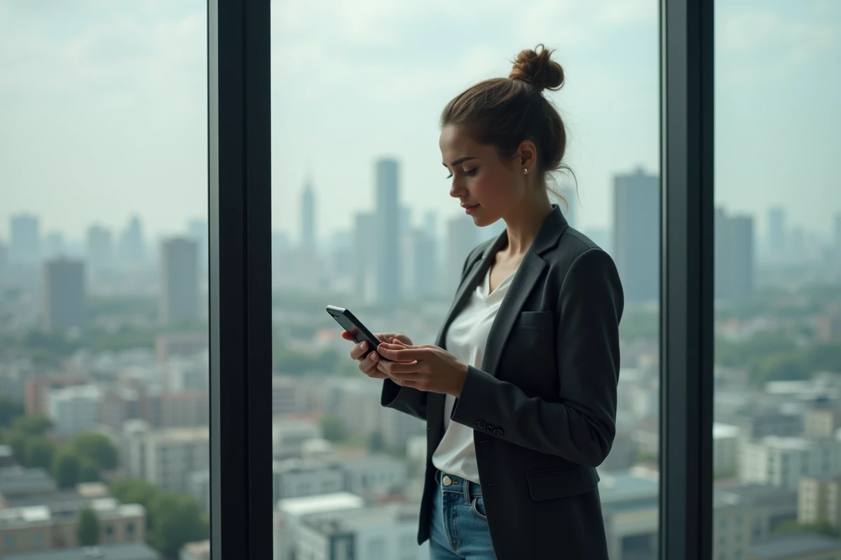 Jeune femme consultant une application sur un smartphone sur le cuivre