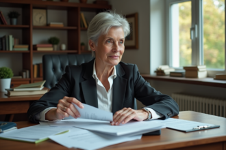 Femme d'âge moyen examinant des documents de retraite dans un bureau
