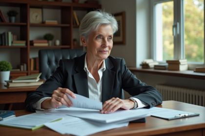 Femme d'âge moyen examinant des documents de retraite dans un bureau