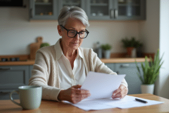 Femme retraitée étudiant ses papiers de pension à la maison