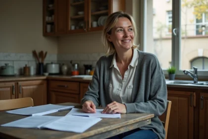 Femme d'environ 50 ans examine des papiers dans une cuisine française
