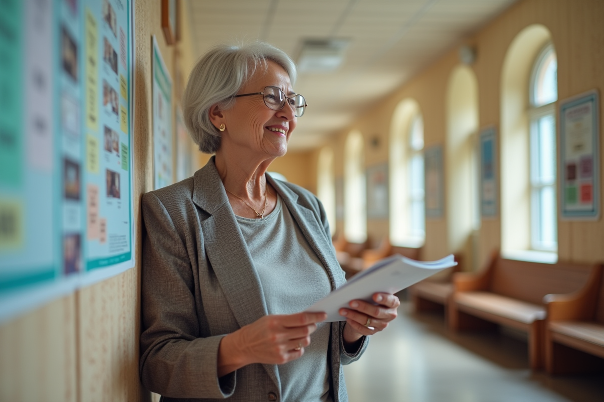 Femme senior souriante tenant une brochure dans un centre communautaire