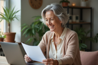 Femme âgée souriante travaillant à domicile sur son ordinateur