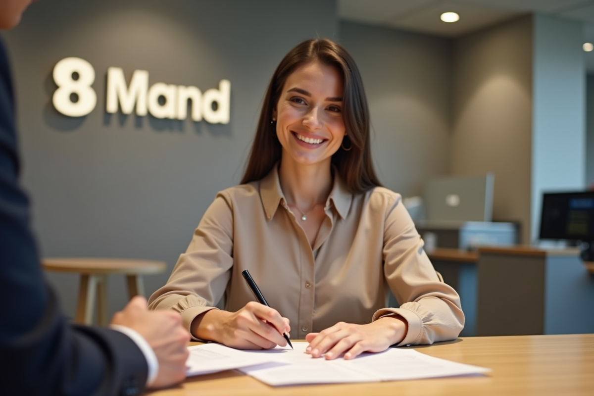 Jeune femme signant un formulaire dans une agence bancaire moderne