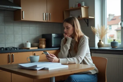 Femme en cuisine vérifiant son smartphone avec papier et café