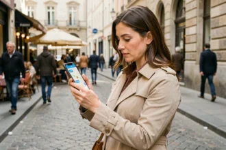 Femme consultant une application mobile pour trouver un distributeur de billets à proximité dans une ville inconnue