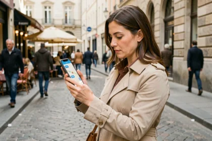 Femme consultant une application mobile pour trouver un distributeur de billets à proximité dans une ville inconnue
