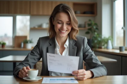 Femme suisse souriante vérifiant sa fiche de paie à la maison