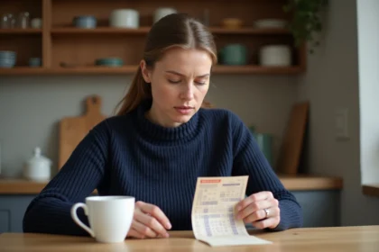 Femme examinant un ticket EuroMillions à la maison, évaluant l'option Étoile Plus