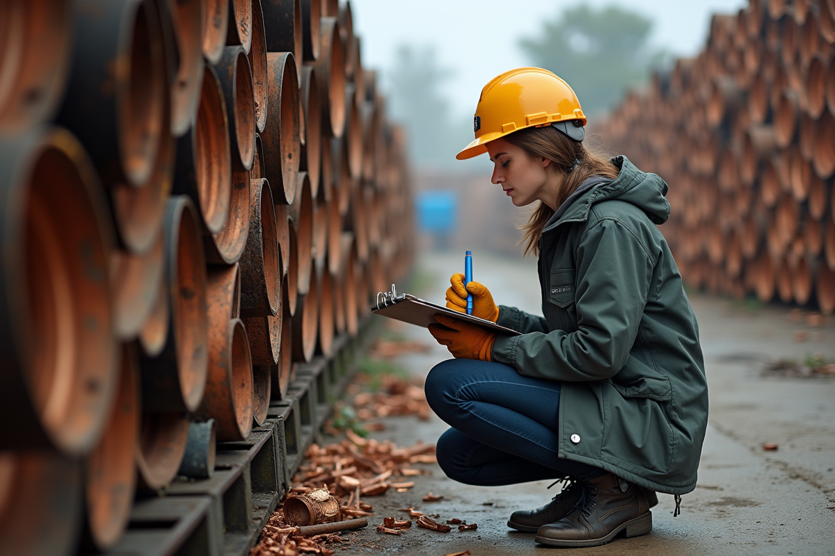 Jeune femme notant des copper pipes dans une casse