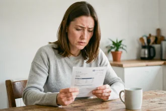 Femme consultant sa fiche de paie à la maison pour vérifier son salaire au SMIC à temps partiel 25h