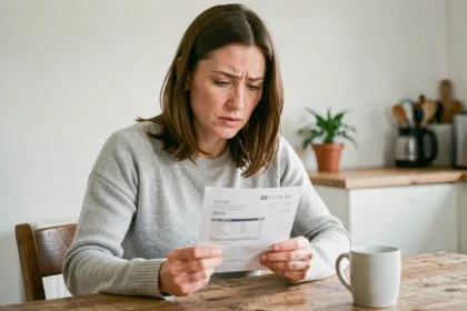 Femme consultant sa fiche de paie à la maison pour vérifier son salaire au SMIC à temps partiel 25h