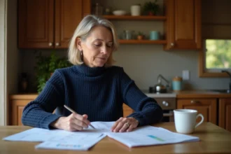 Femme consultant ses relevés bancaires à la maison pour vérifier un versement de 1745 euros