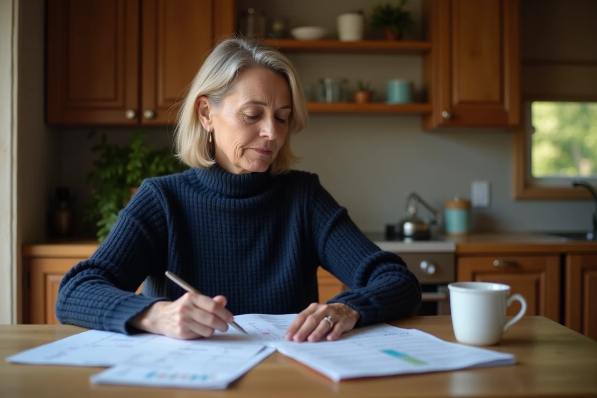 Femme consultant ses relevés bancaires à la maison pour vérifier un versement de 1745 euros