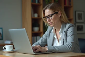 Femme vérifiant un virement bancaire non reçu sur son ordinateur portable dans un bureau à domicile