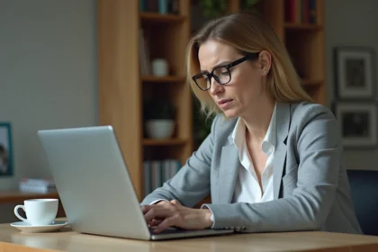 Femme vérifiant un virement bancaire non reçu sur son ordinateur portable dans un bureau à domicile