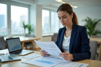 Cheffe d'entreprise analysant des documents de financement de trésorerie dans un bureau moderne