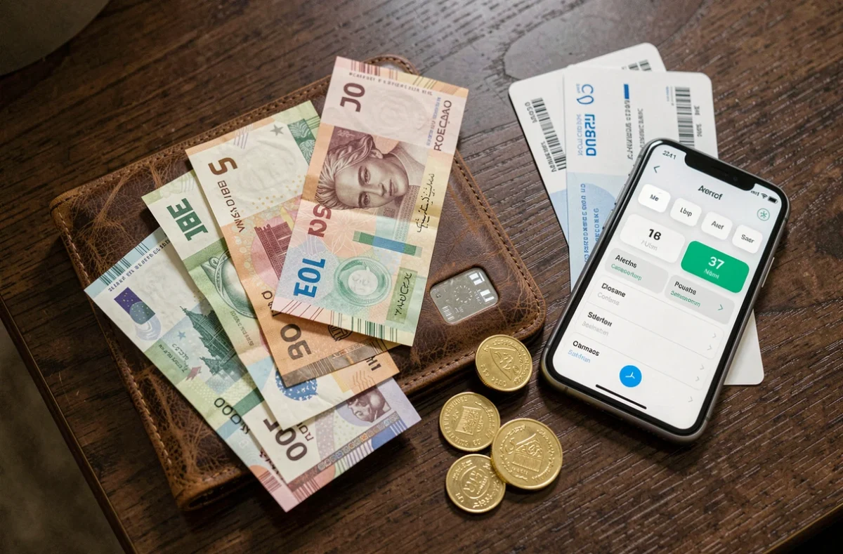 Flat lay de billets et pièces de dirham émirati avec portefeuille et carte d'embarquement