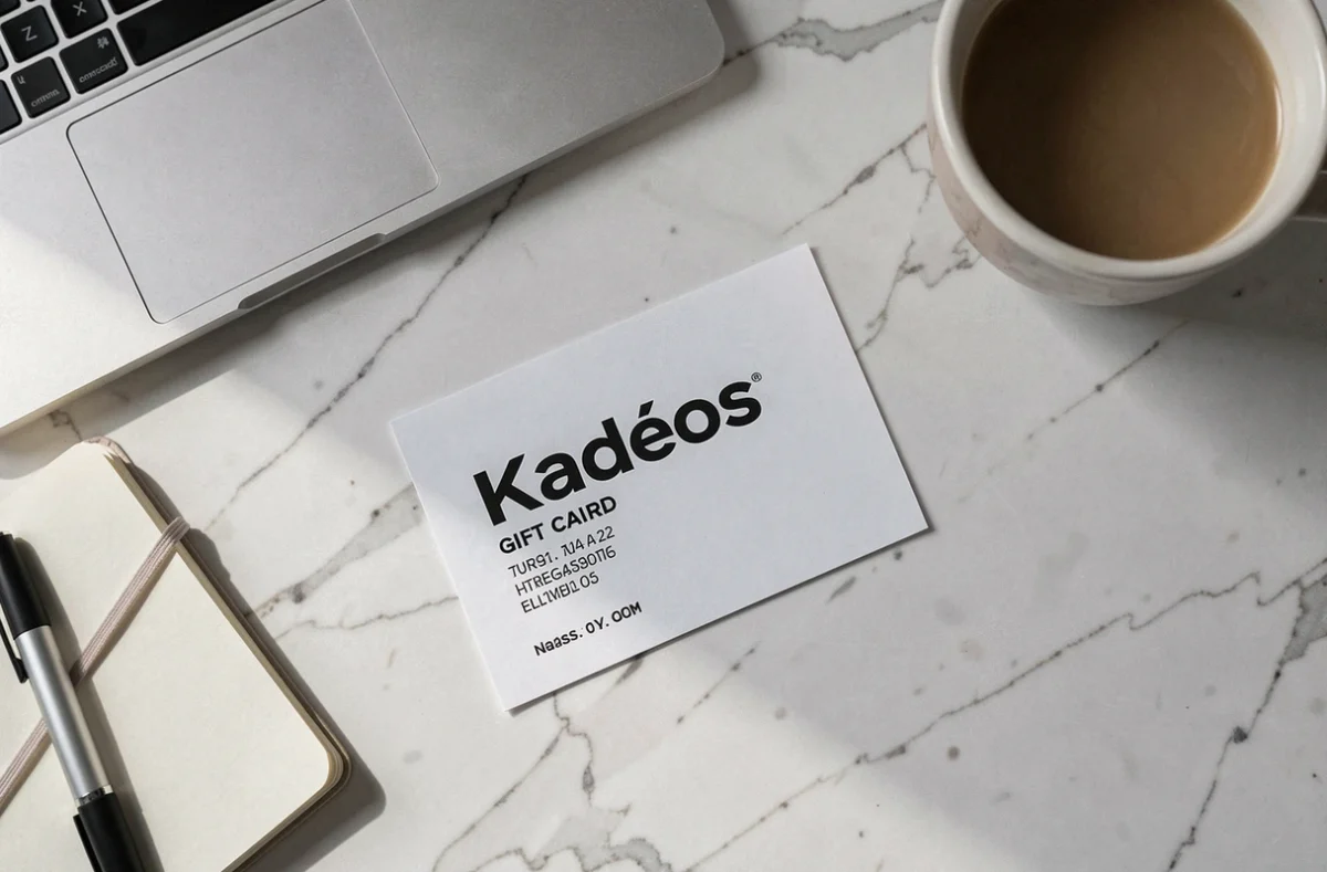 Flat-lay d'une carte Kadéos Infini sur un bureau en marbre avec ordinateur et accessoires de bureau